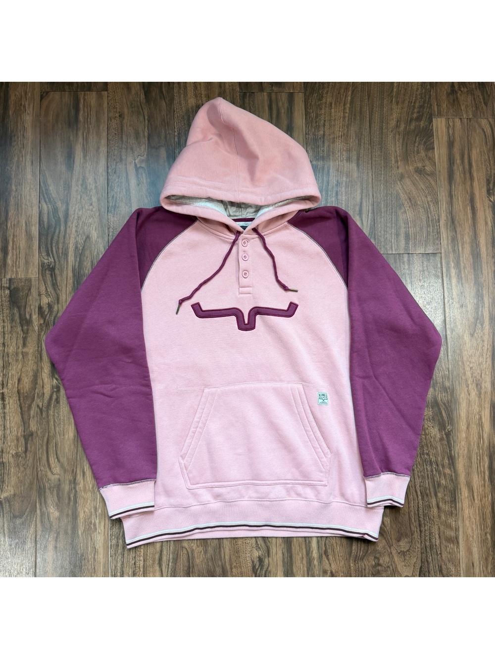 Kimes Ranch 3 Button Henley Hoodie XXL Pink Maroon Longhorn Western Sweatshirt